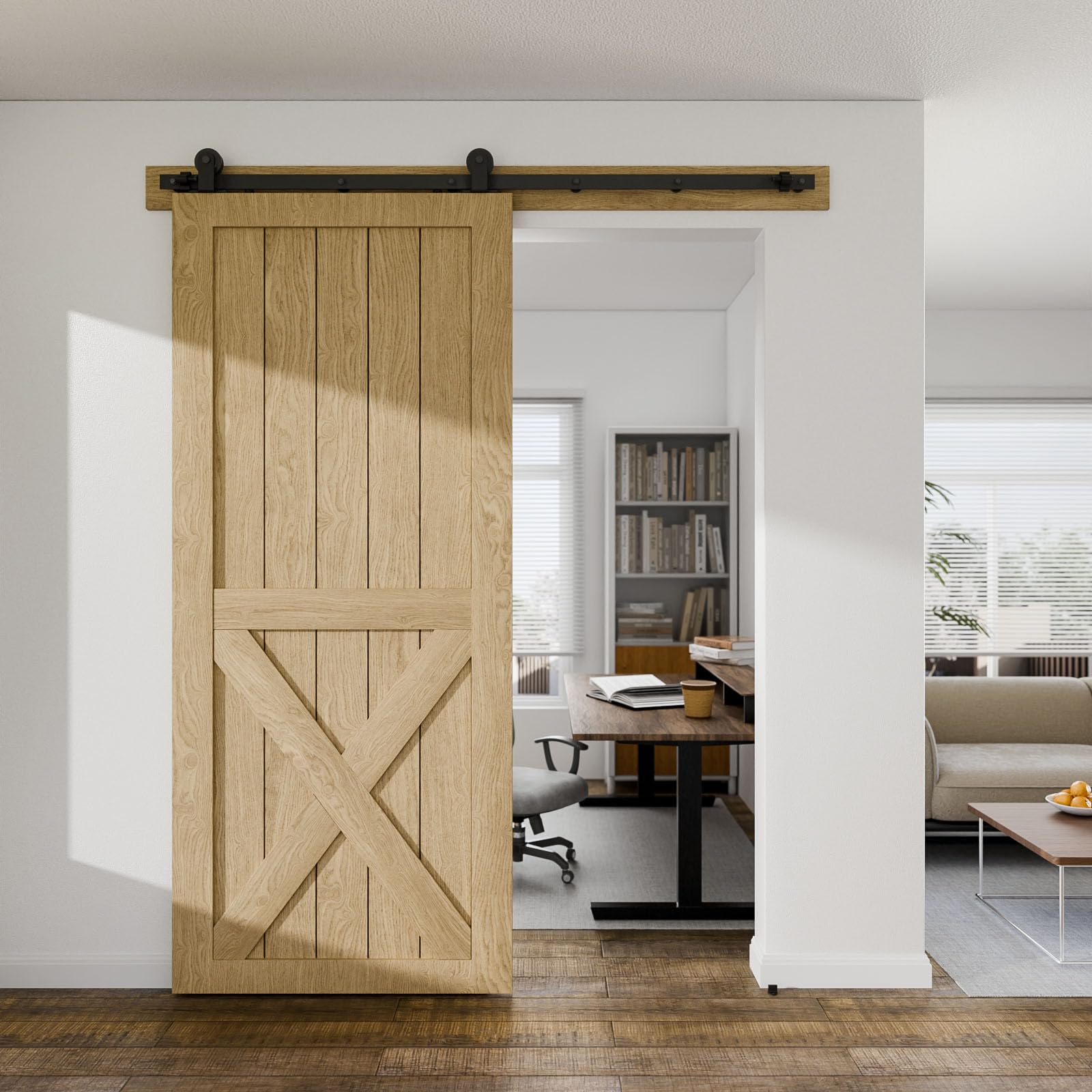 BONIKLUBA top-mount track hanger enables space-saving single-door installation.