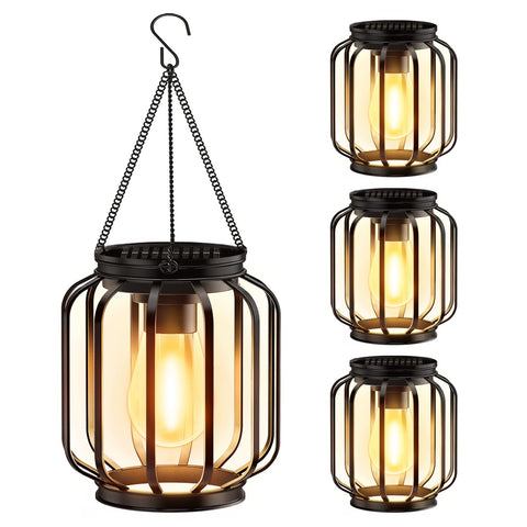 BONLION solar hanging lanterns with black iron strip create a warm outdoor glow.