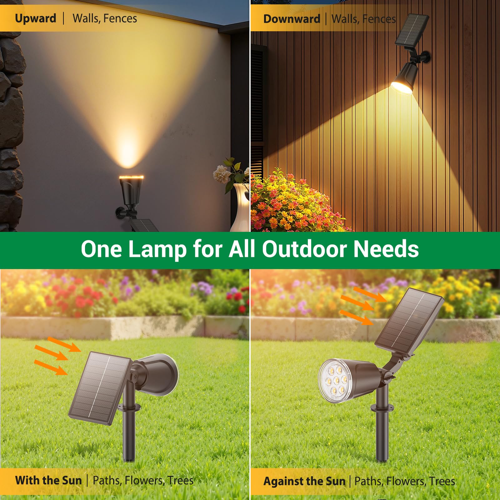 BONLION solar spotlight with 180-degree panel tilt for optimal sun capture.