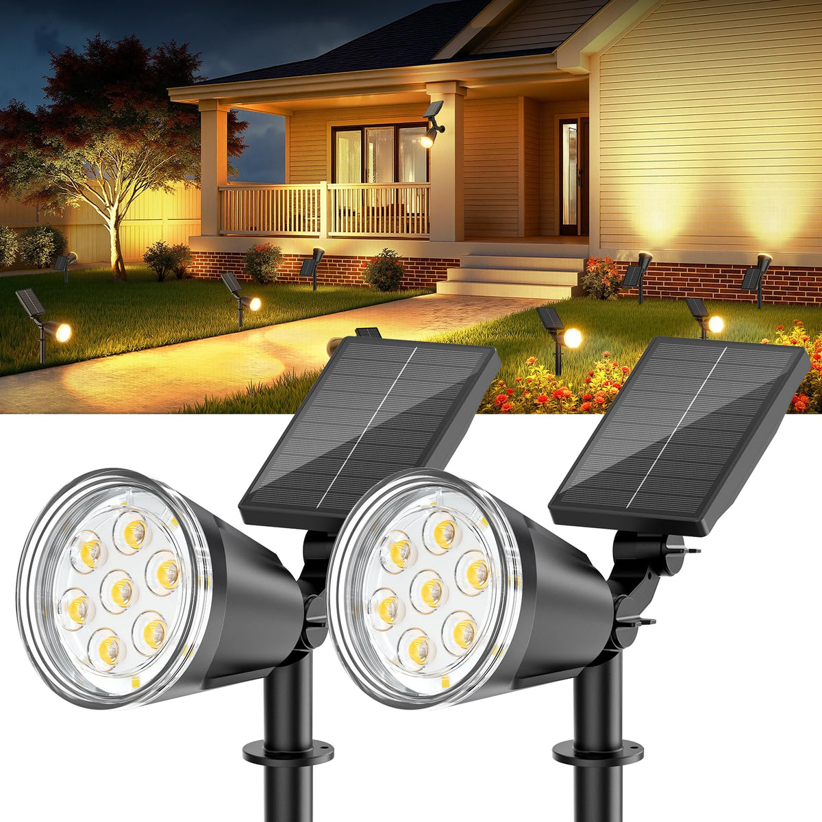 BONLION solar spotlight on ground stake lighting a garden path