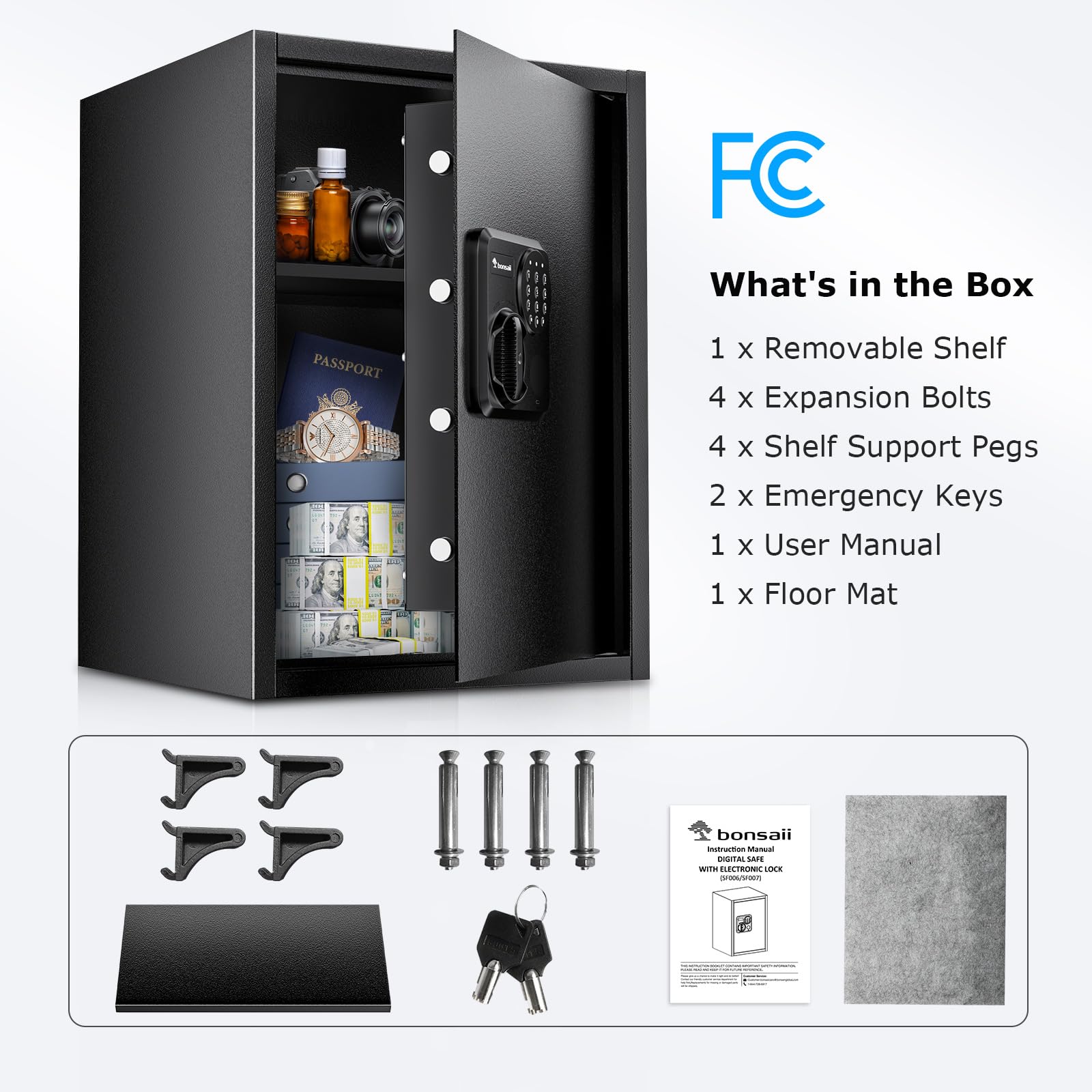 Bonsaii large safe box contents with emergency keys.
