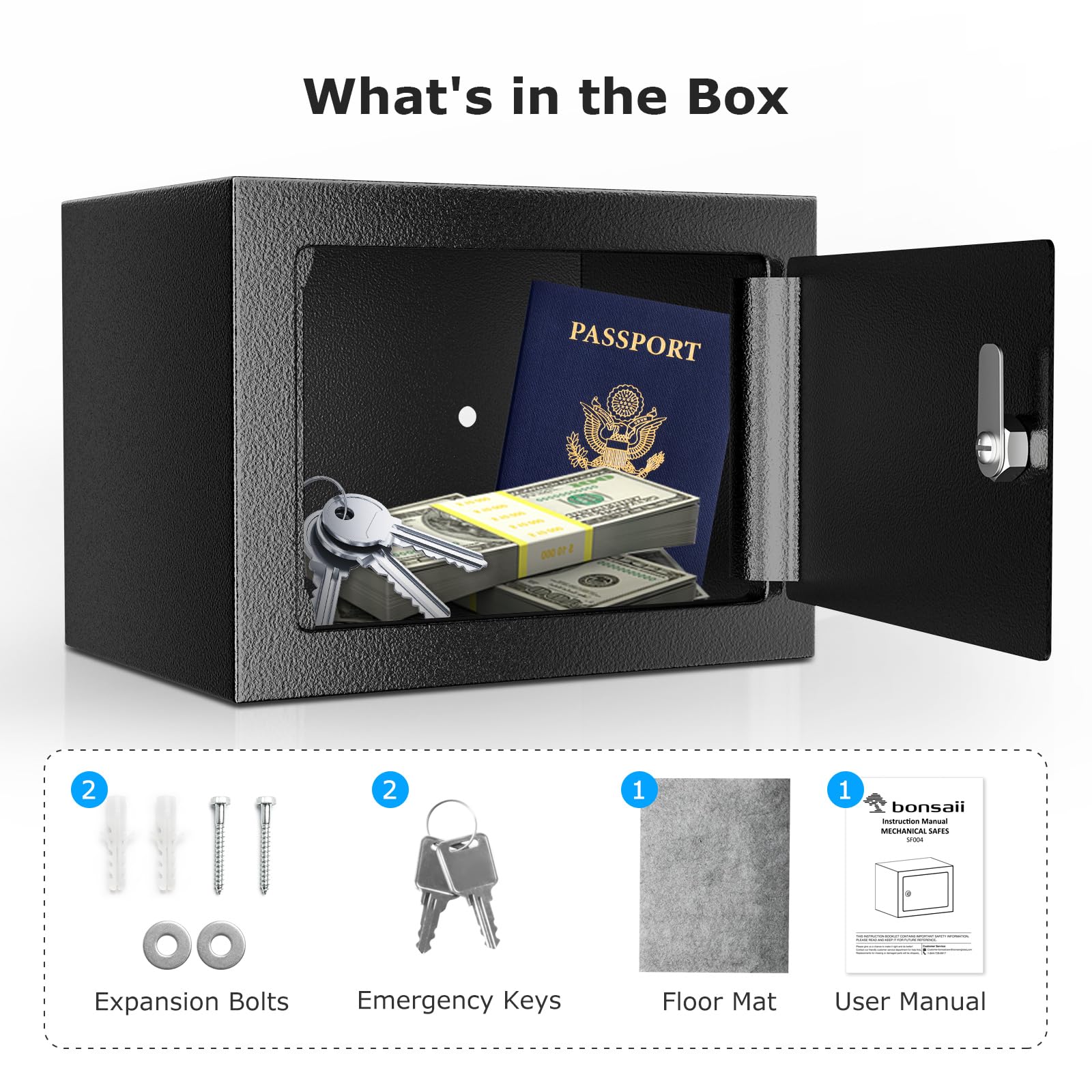 Bonsaii Safe Box exterior dimensions show a compact footprint.
