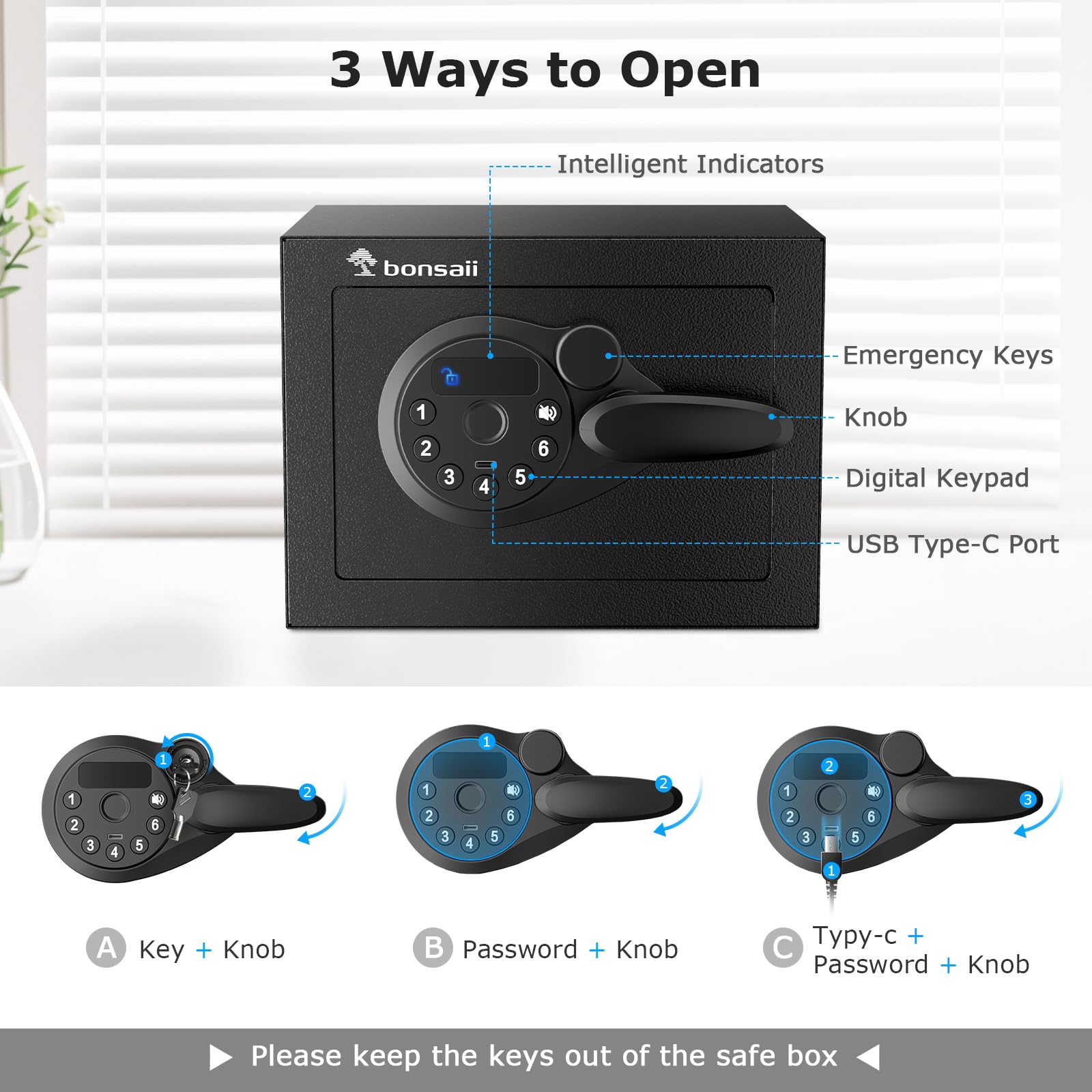 Bonsaii Safe Box includes emergency keys for backup access.