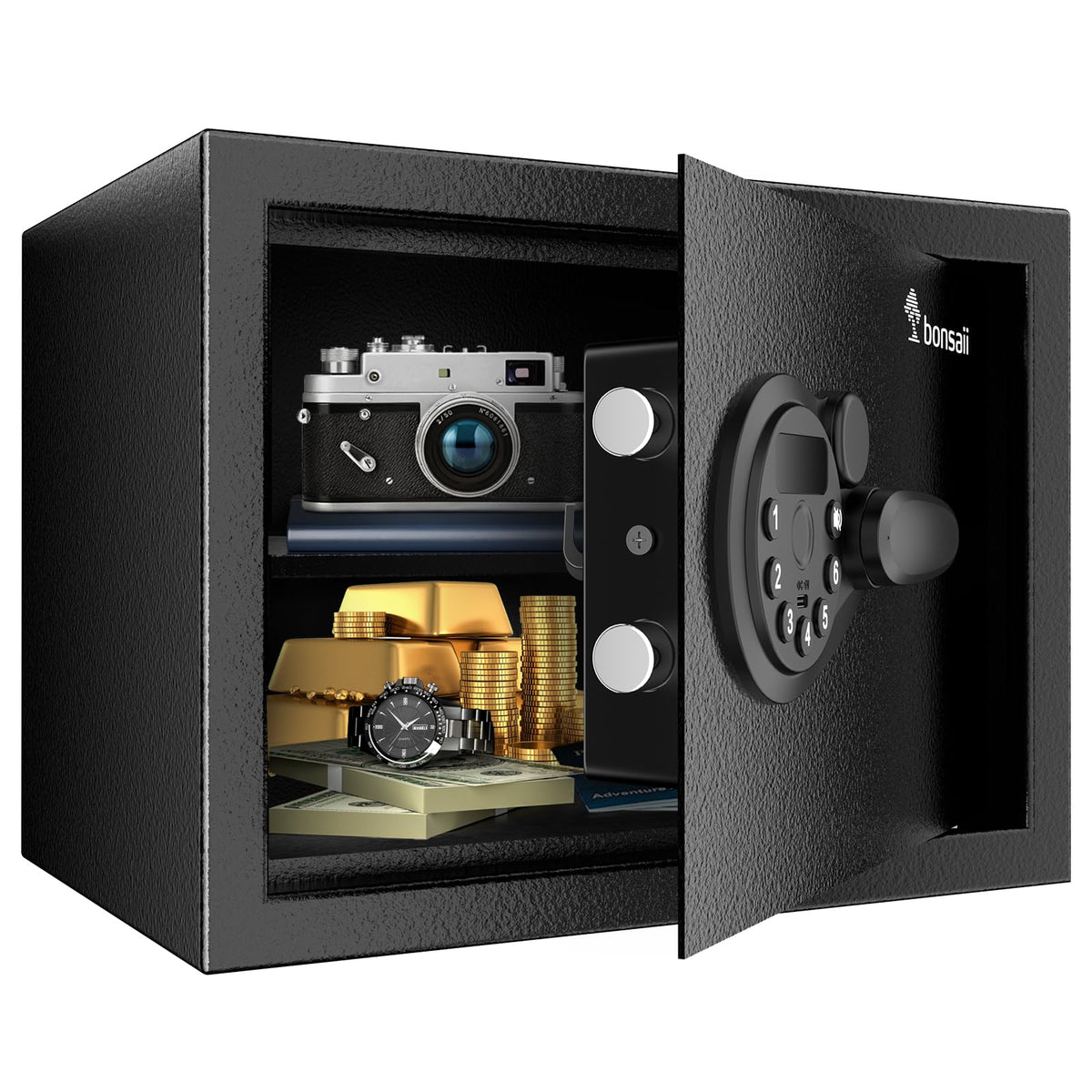 Bonsaii Safe Box front view highlights robust steel construction for secure valuables.