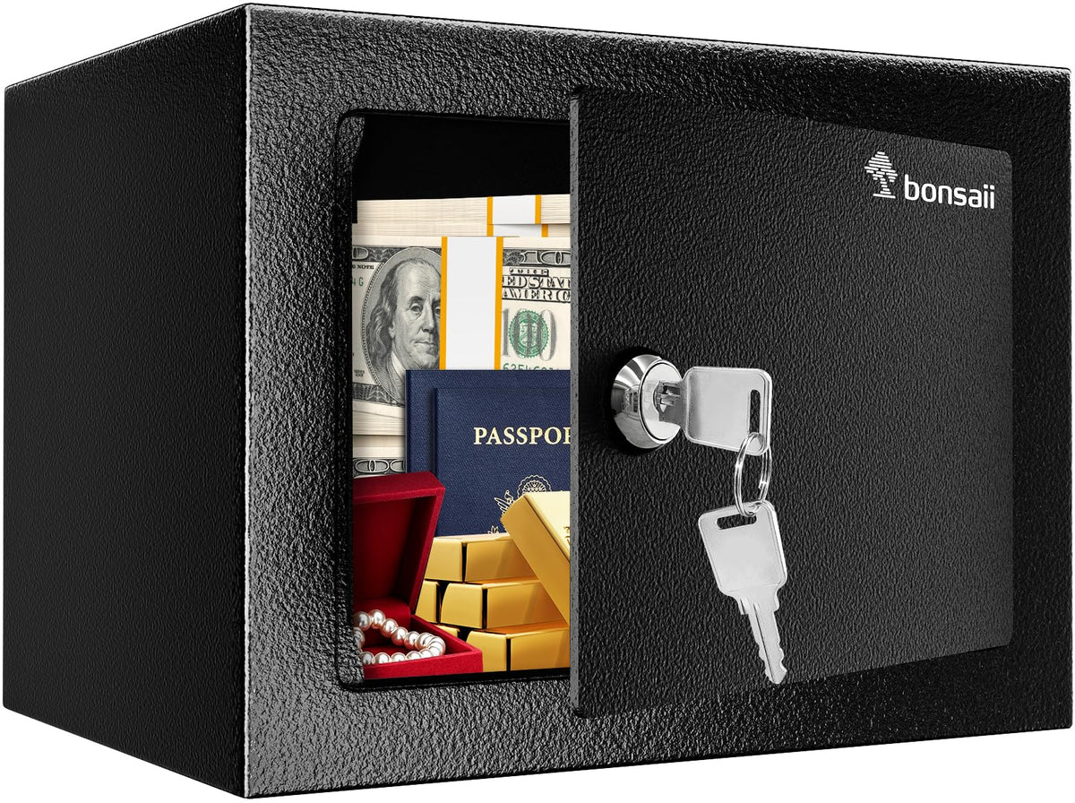 Bonsaii Safe Box front view with key lock for secure cash and jewelry storage.