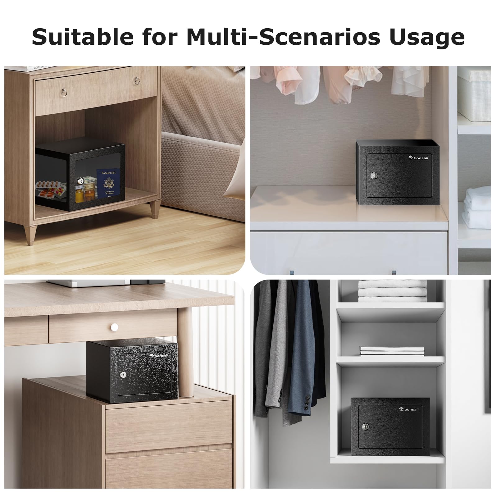 Bonsaii Safe Box packaging includes keys bolts and manual for setup.