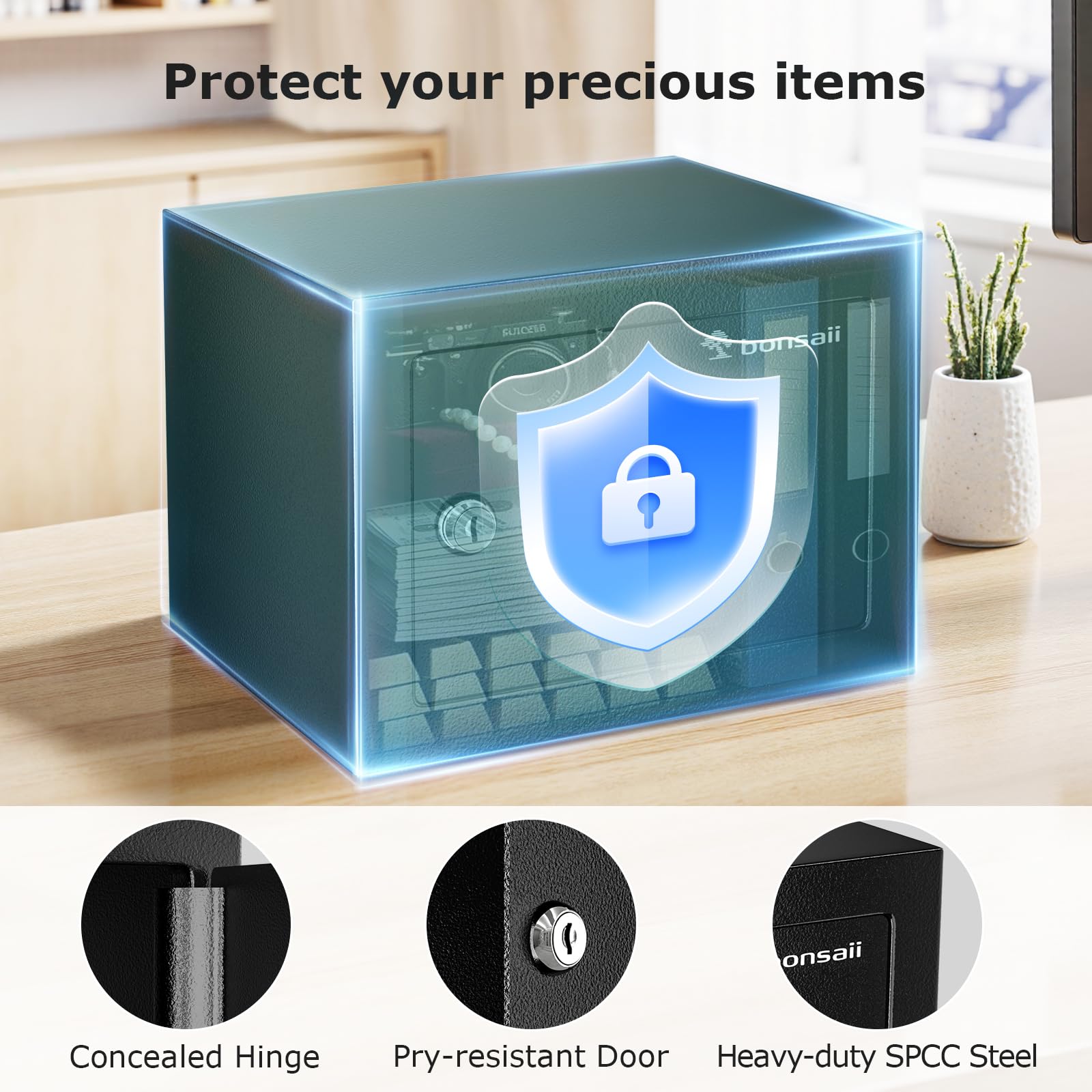 Bonsaii Safe Box side view highlighting compact design ideal for tight spaces.