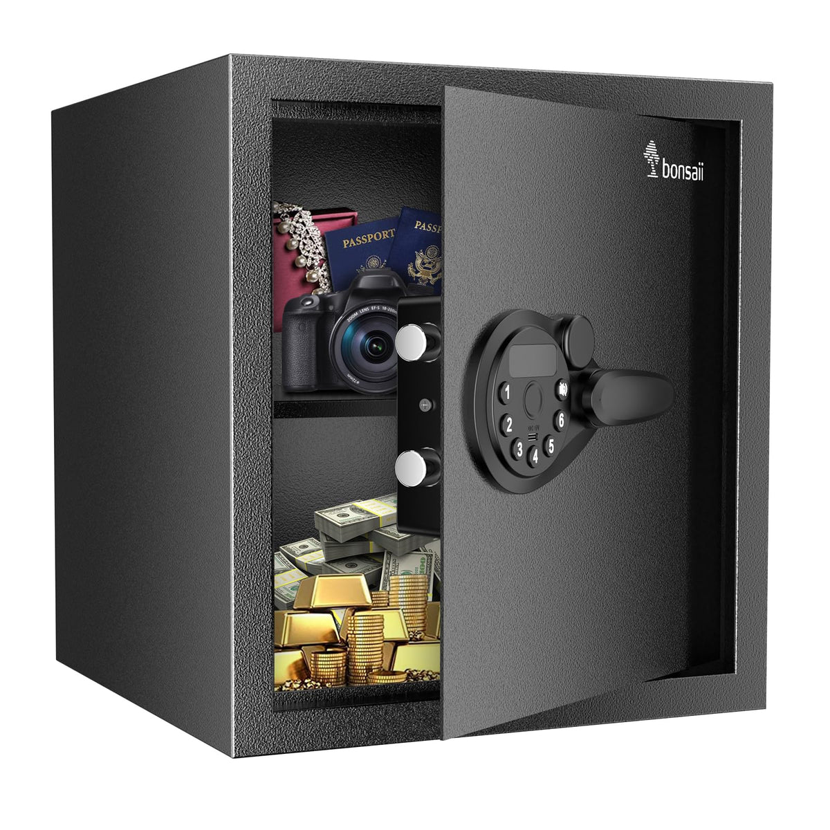 Bonsaii Security Safe Box front view demonstrates sturdy steel construction for documents and valuables.