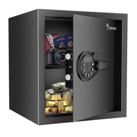 Bonsaii Security Safe Box front view demonstrates sturdy steel construction for documents and valuables.