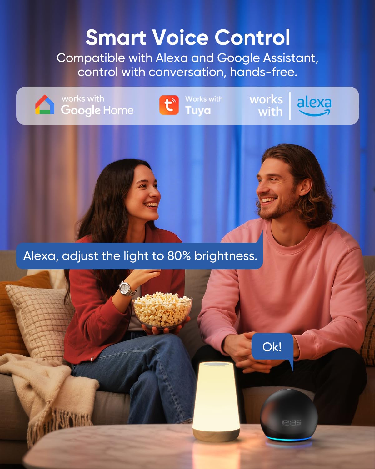 Bonsery lamp voice control with Alexa/Google for hands-free mood changes.