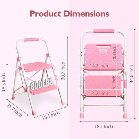 BONTEC pink compact ladder folds to 2.7 inches for easy storage.