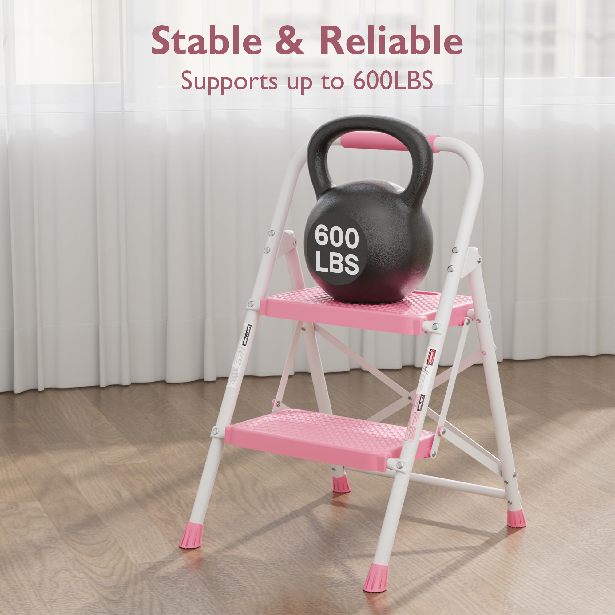 BONTEC pink folded ladder saves space in tight storage areas.