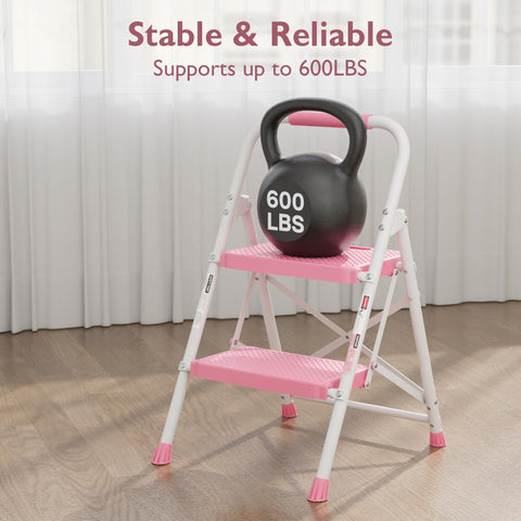 BONTEC pink folded ladder saves space in tight storage areas.