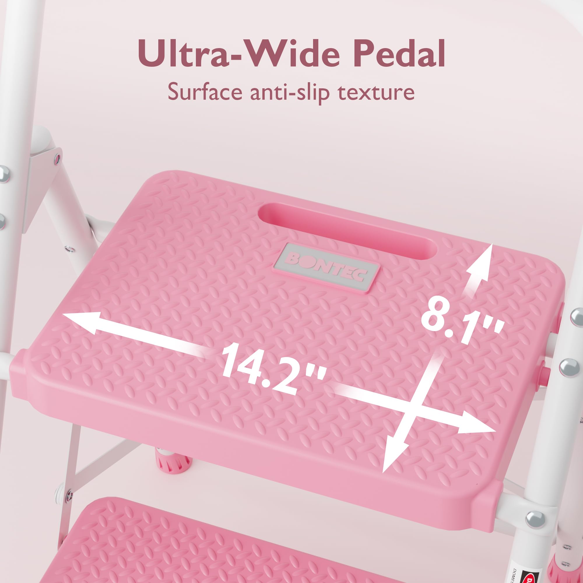 BONTEC pink non-slip pedals provide stable footing during tasks.