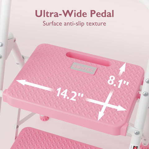 BONTEC pink non-slip pedals provide stable footing during tasks.