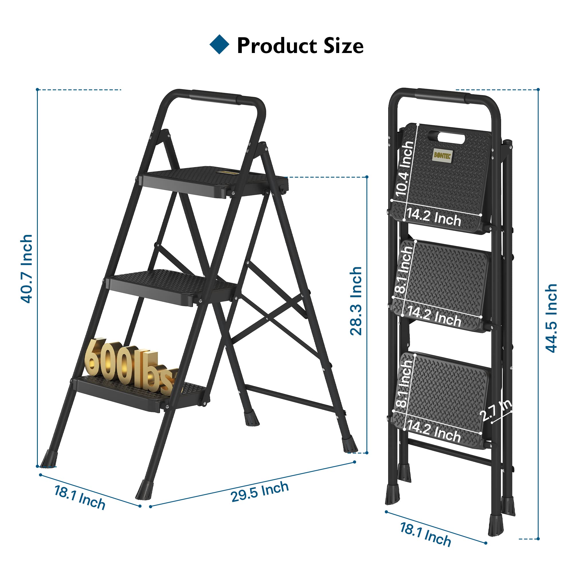 BONTEC 3-Step Ladder anti-slip feet prevent movement on slick floors.