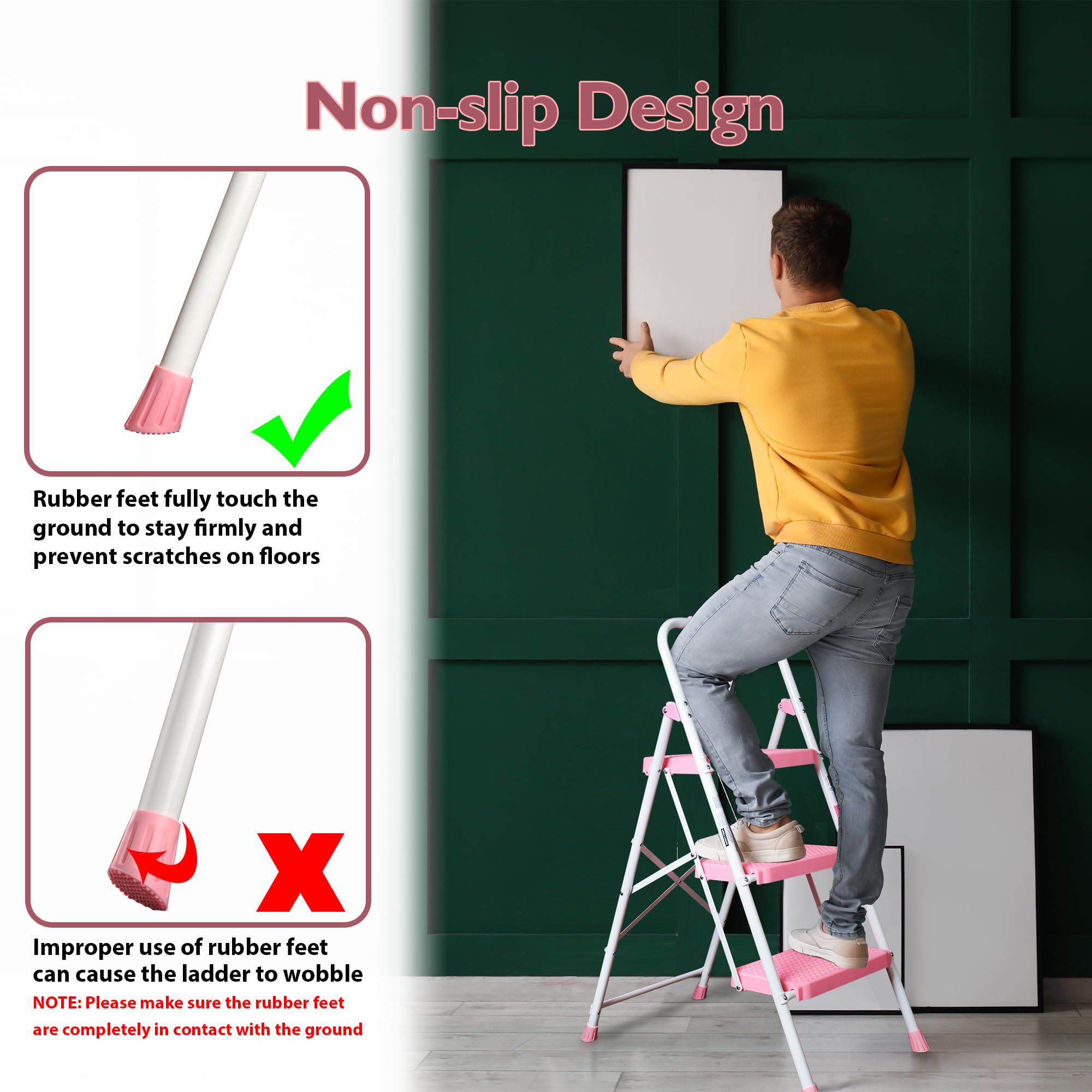 BONTEC 3-Step Ladder rubber floor-pads pink protect surfaces.