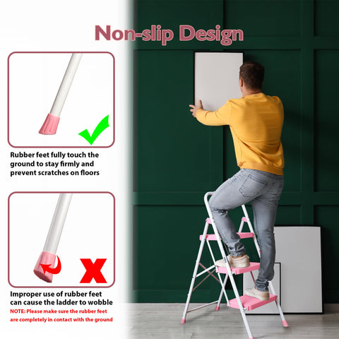 BONTEC 3-Step Ladder rubber floor-pads pink protect surfaces.