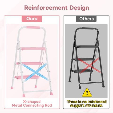 BONTEC 3-Step Ladder folded thin-profile in pink fits tight spaces.