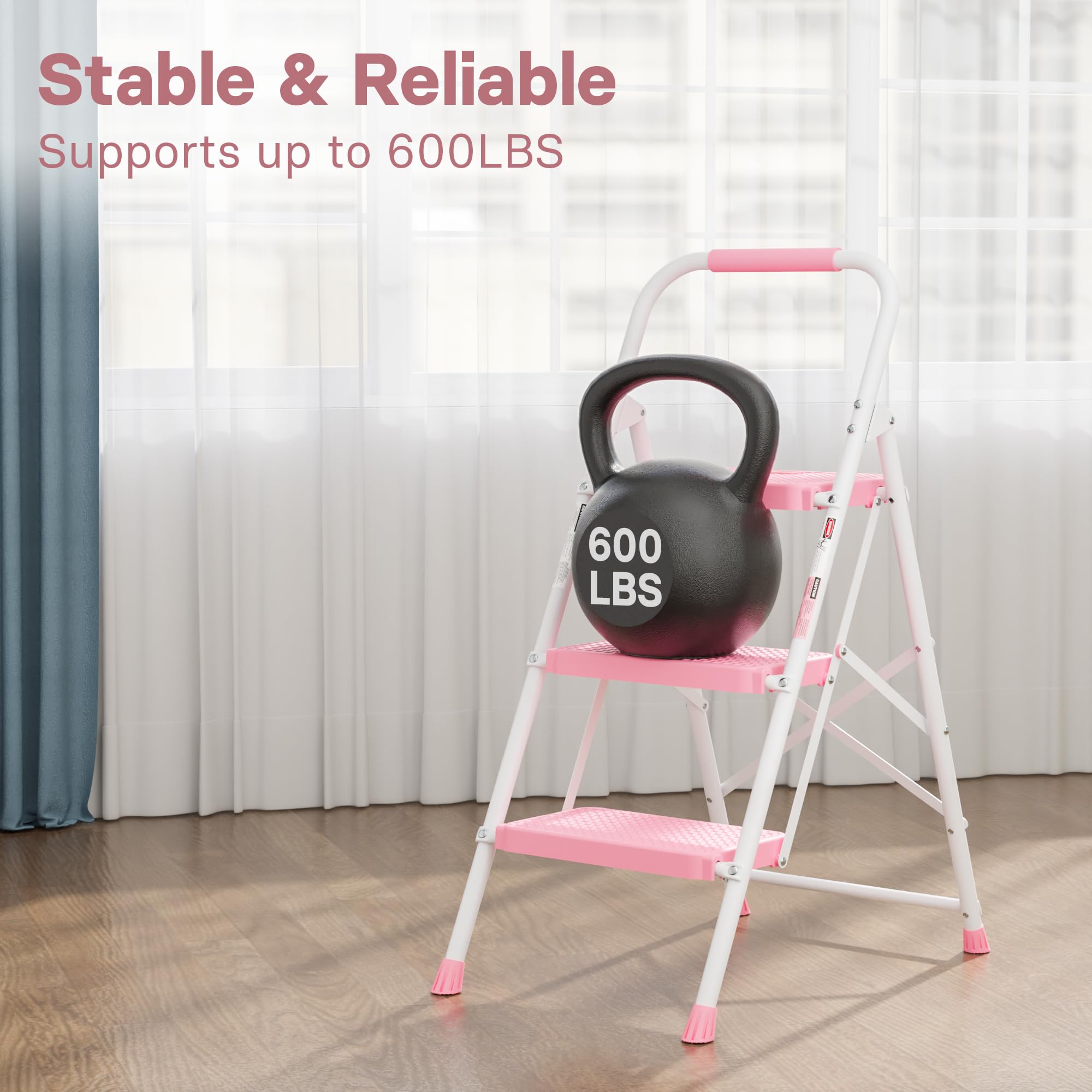 BONTEC 3-Step Ladder with soft-sponge handrail in pink ensuring comfortable grip.
