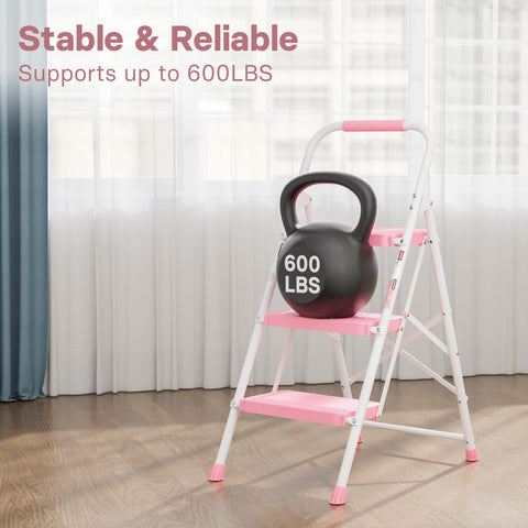 BONTEC 3-Step Ladder with soft-sponge handrail in pink ensuring comfortable grip.
