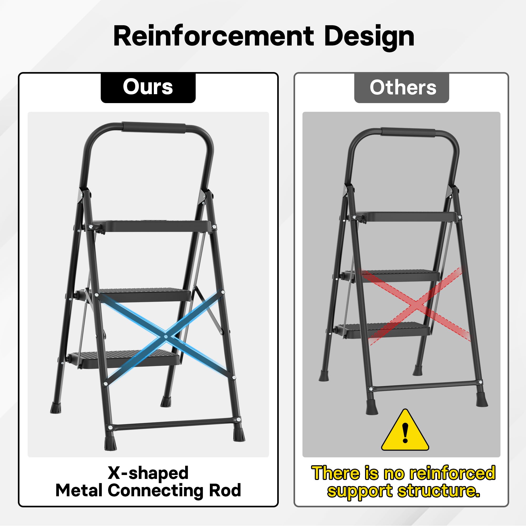 BONTEC 3-Step Ladder in-use at desk illustrates reaching overhead shelves.