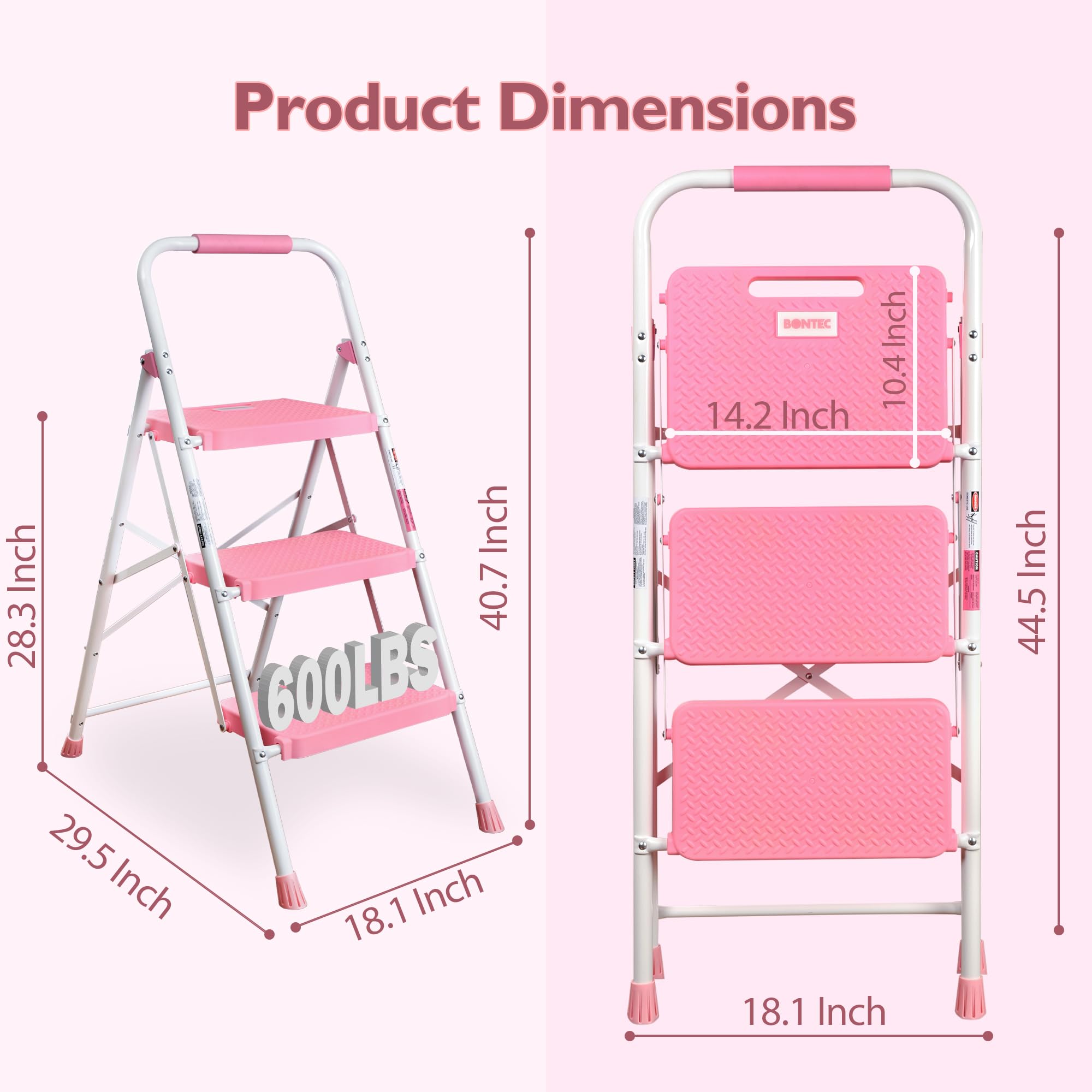 BONTEC 3-Step Ladder lightweight and portable pink for effortless moving.