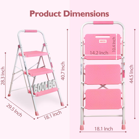 BONTEC 3-Step Ladder lightweight and portable pink for effortless moving.