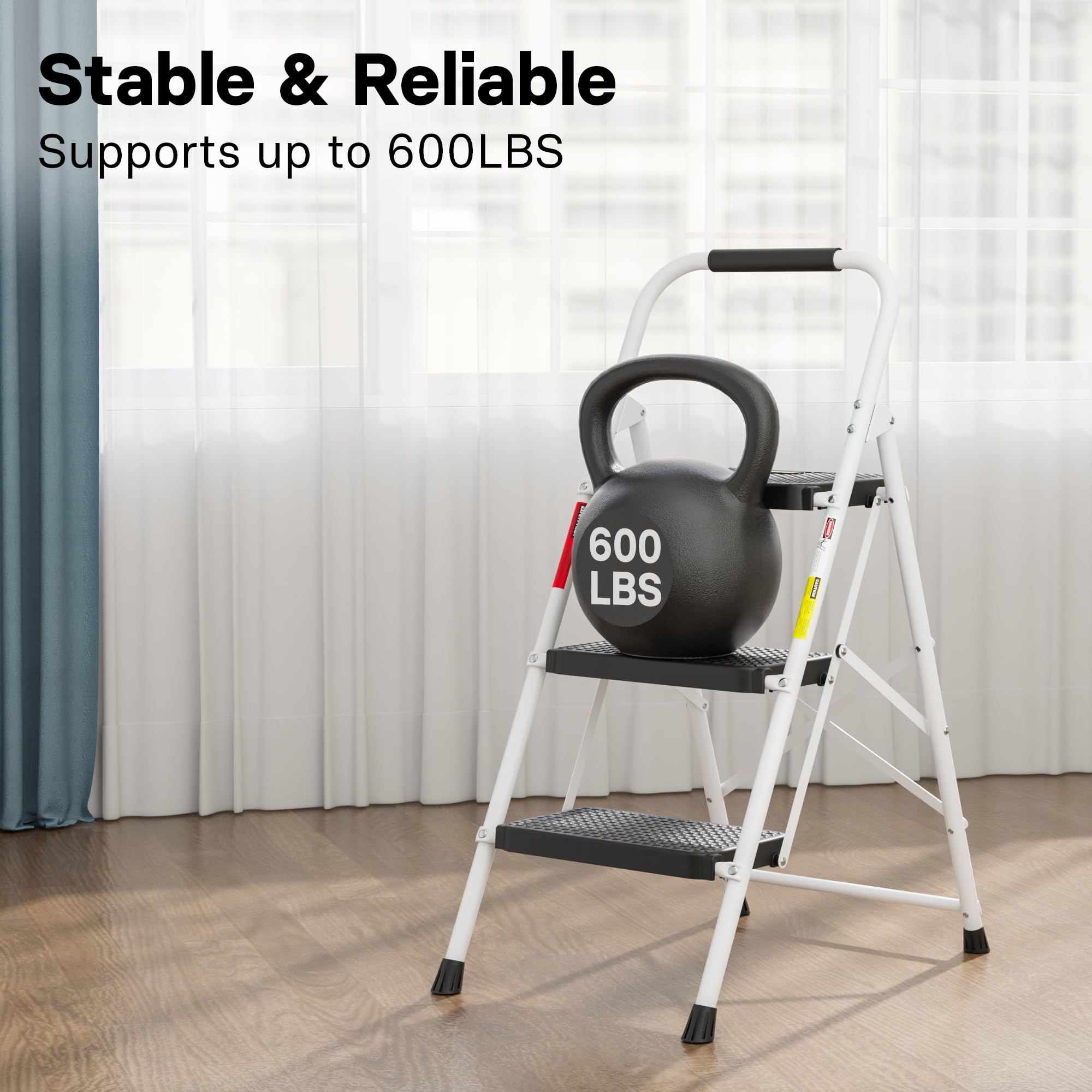 BONTEC 3-Step Ladder shows steel construction for sturdy, long-lasting use