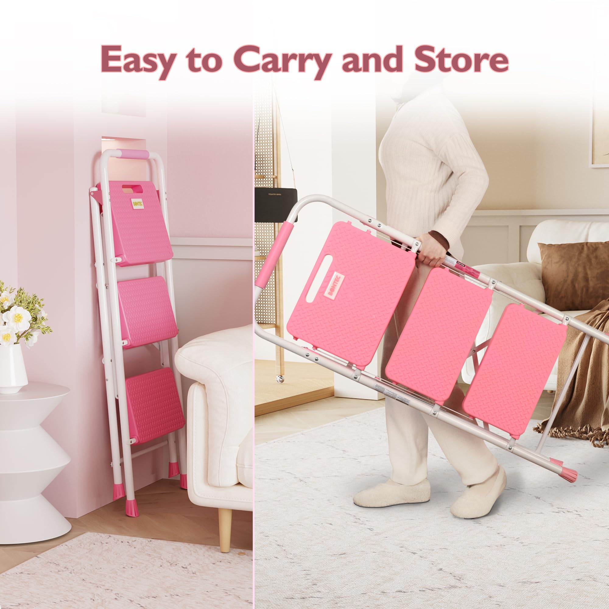 BONTEC 3-Step Ladder sturdy steel construction pink for durability.