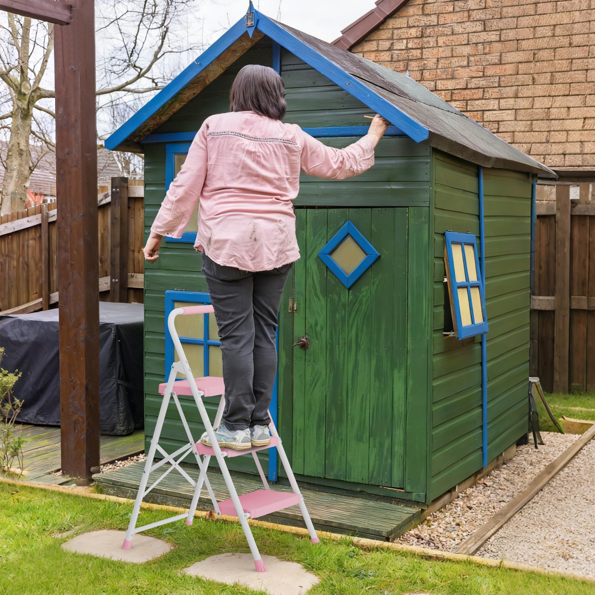 BONTEC 3-Step Ladder wide-pedal design in pink boosts balance and safety.