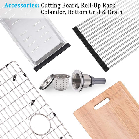 BoomHoze included accessories: cutting board, colander, and roll-up drying rack.