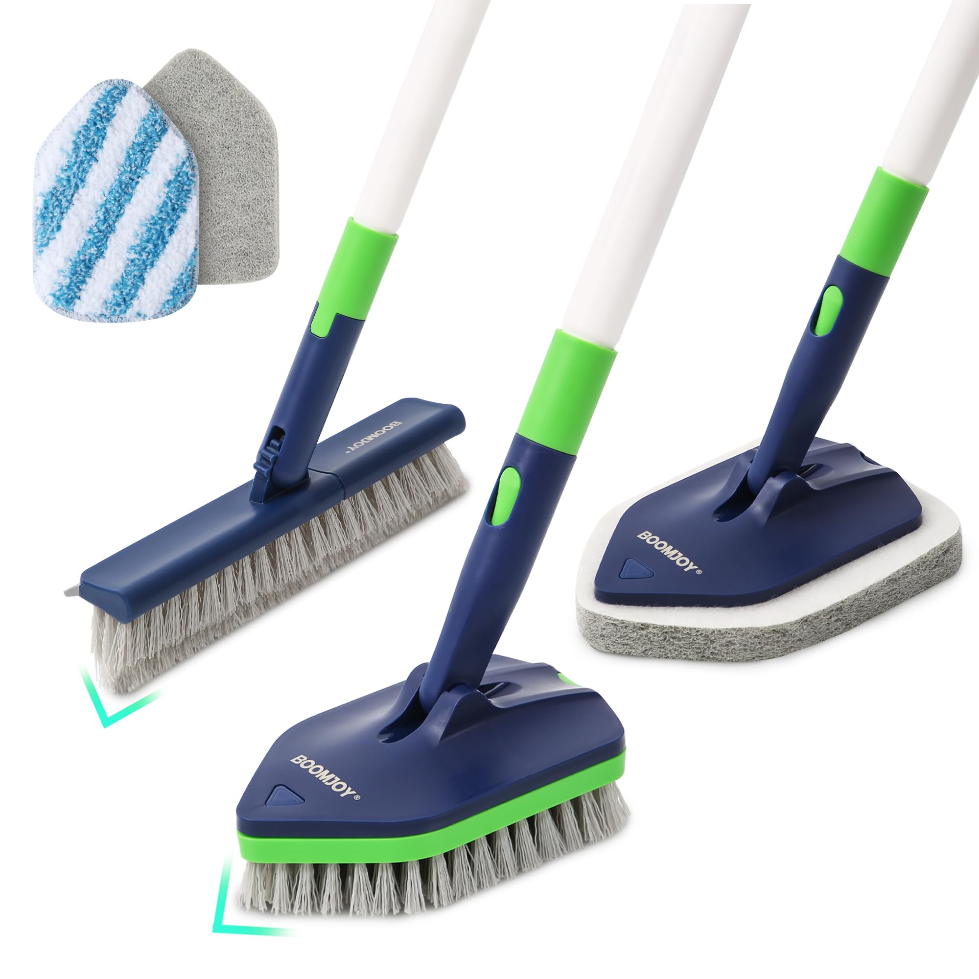 BOOMJOY 4-in-1 shower brush with extendable handle reaching tall shower corners.