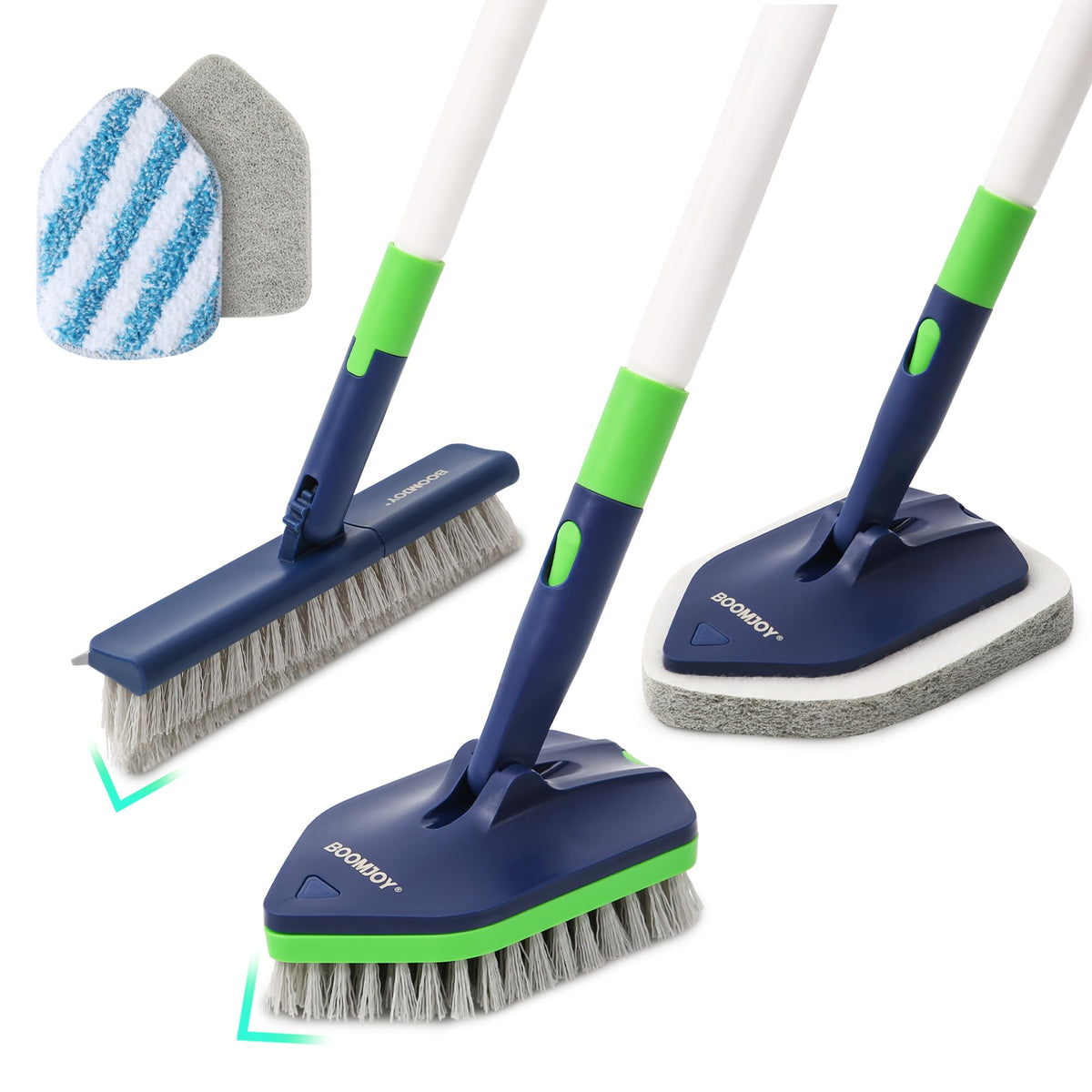 BOOMJOY 4-in-1 shower brush with extendable handle reaching tall shower corners.