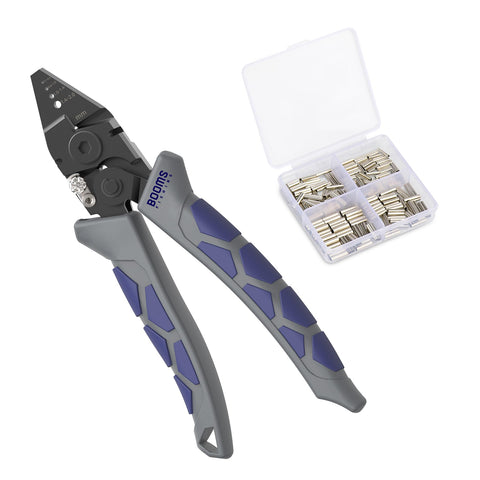 Booms Fishing CP4 crimping tool in hand demonstrating one-handed operation for easy crimping
