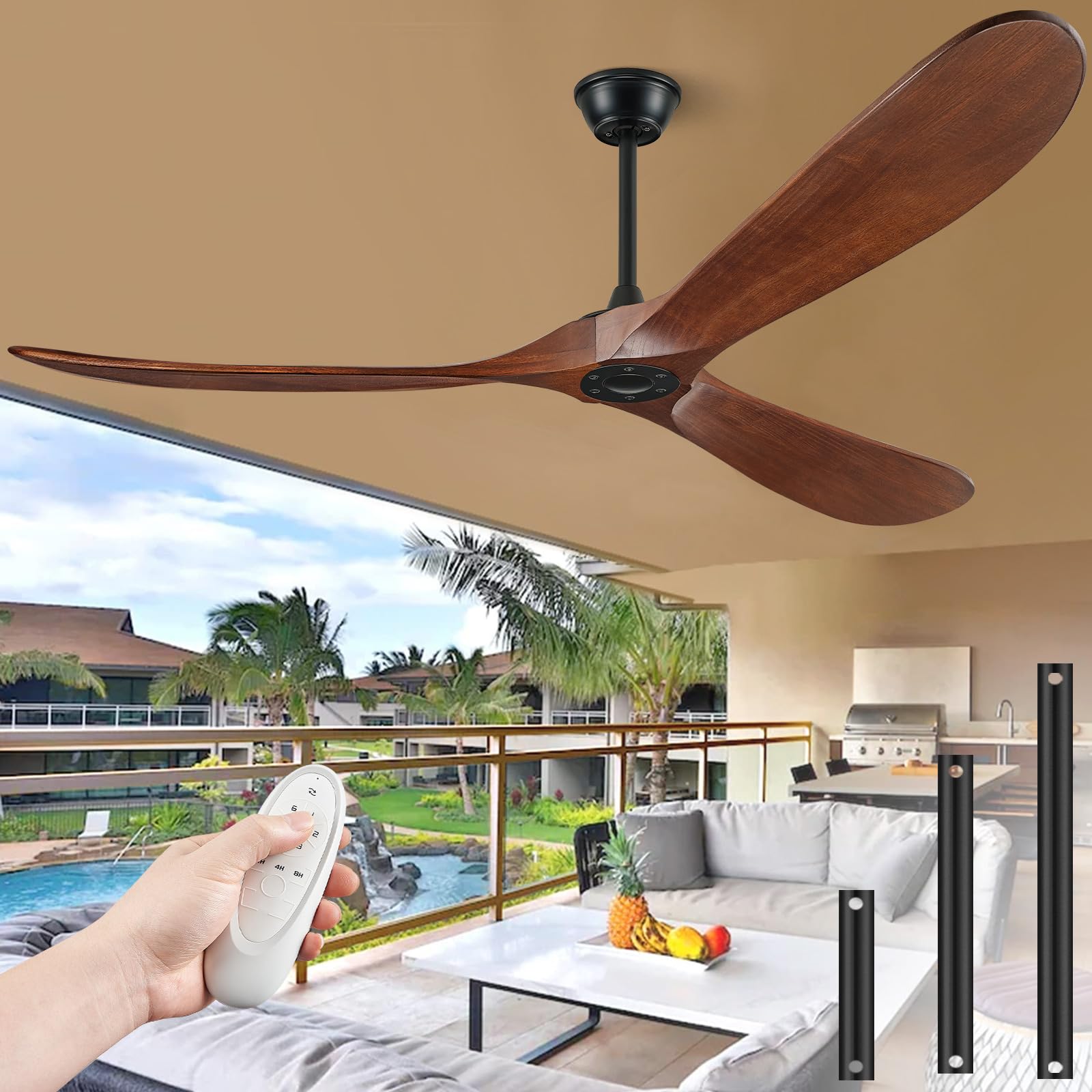 BOOSANT 72-inch no-light ceiling fan with walnut blades on patio for cooling