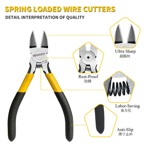 BOOSDEN spring-loaded diagonal cutters ease repetitive trimming during long projects.
