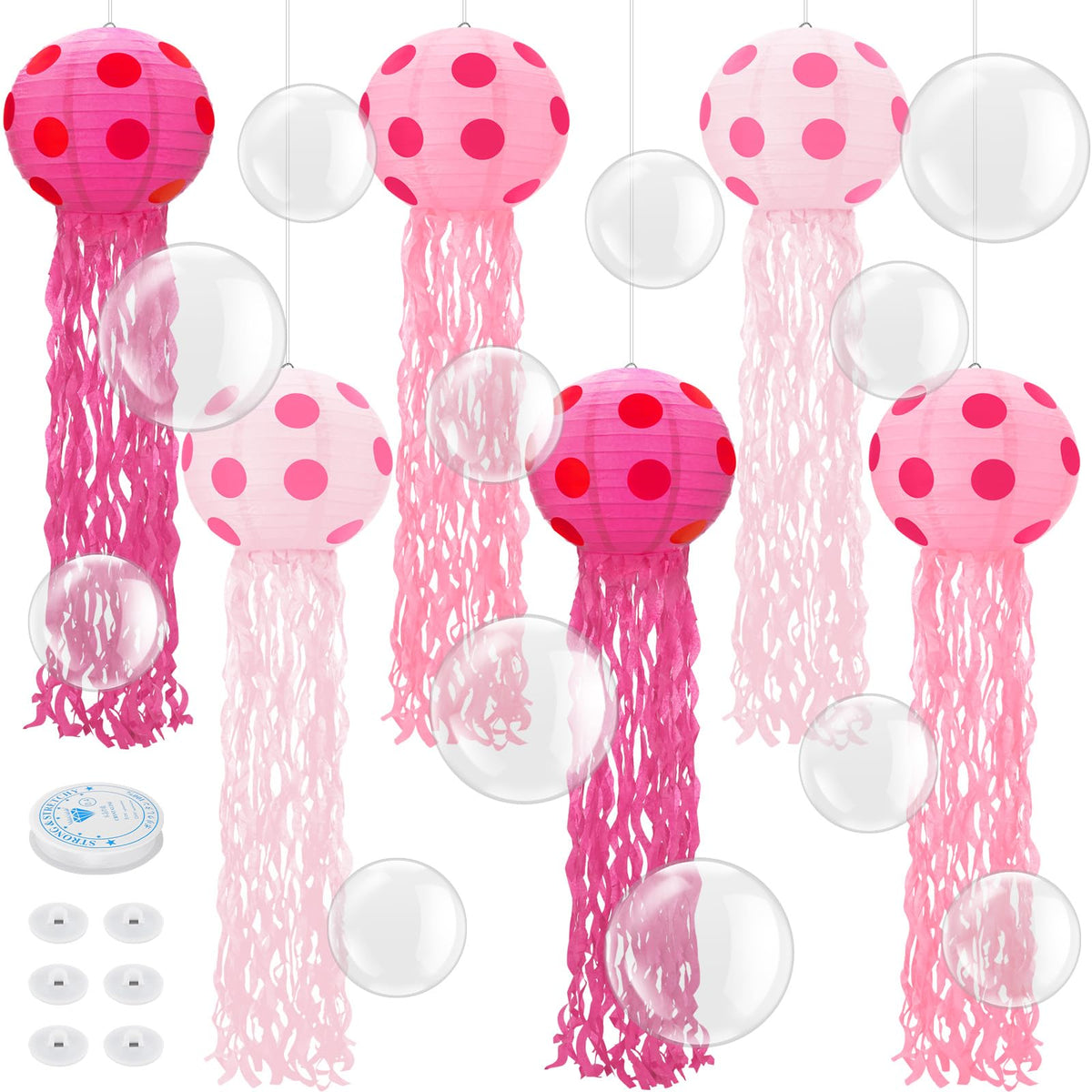Booson jellyfish paper lantern 8inch pink ready to float above a sea-themed party.