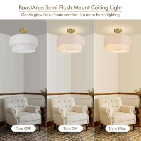 BoostArea beige linen fabric detail adds texture to bedroom lighting.