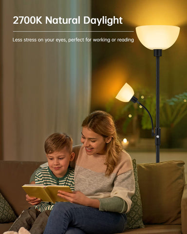 BoostArea floor lamp emits 2700K warm white for inviting ambiance.