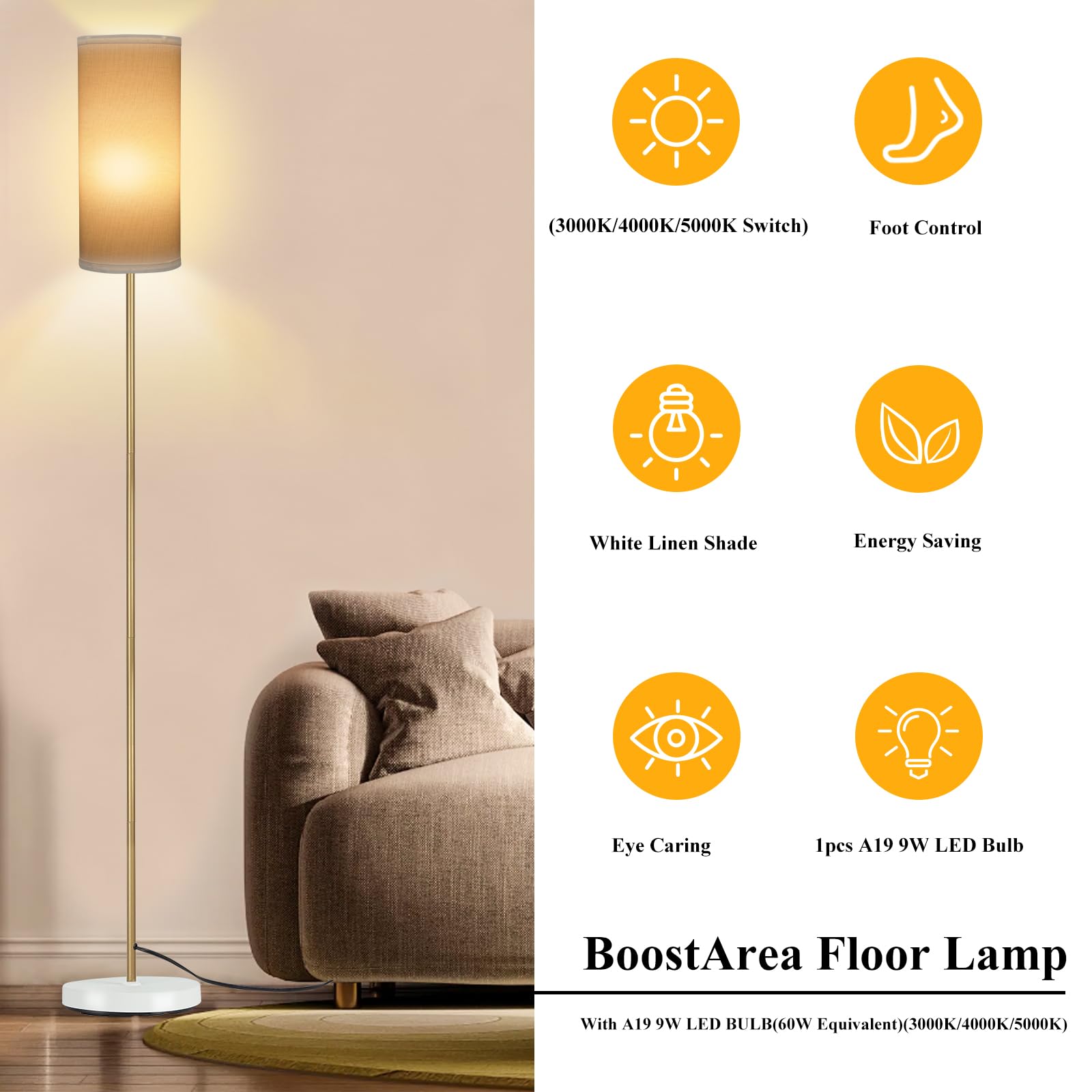 BoostArea floor lamp showing 3 color temperatures for versatile mood control.
