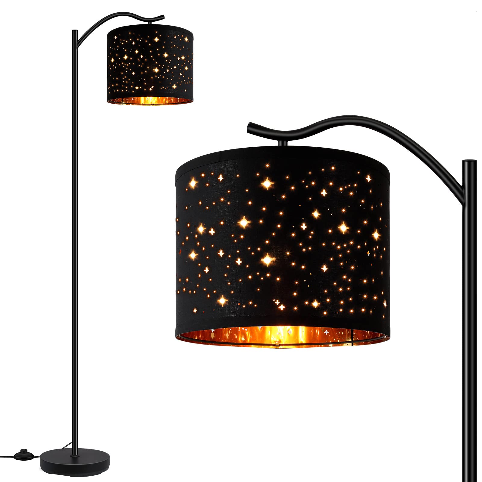 BoostArea floor lamp with arched black stand enhances living room ambiance.