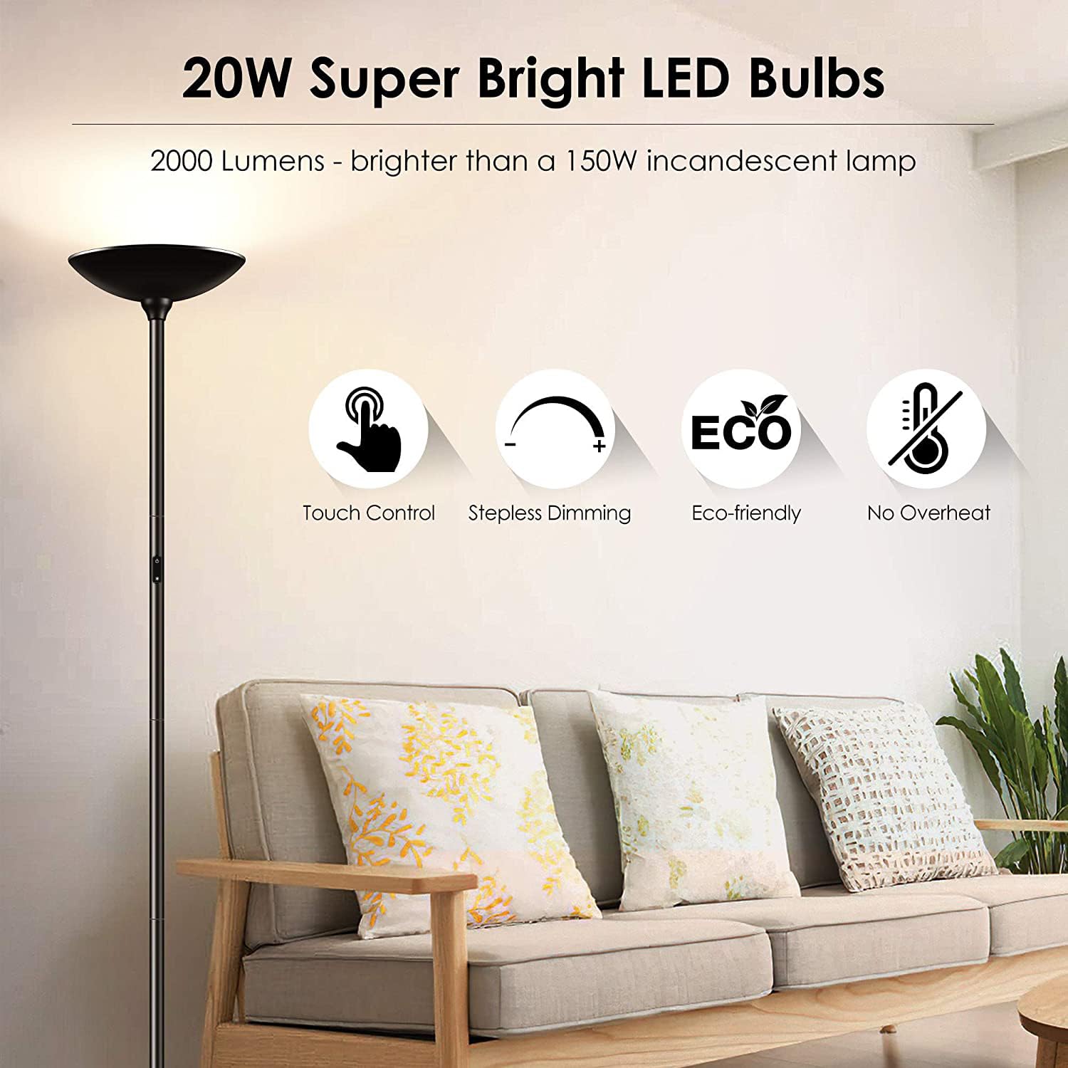 BoostArea floor lamp head lit with warm 3000K daylight tone