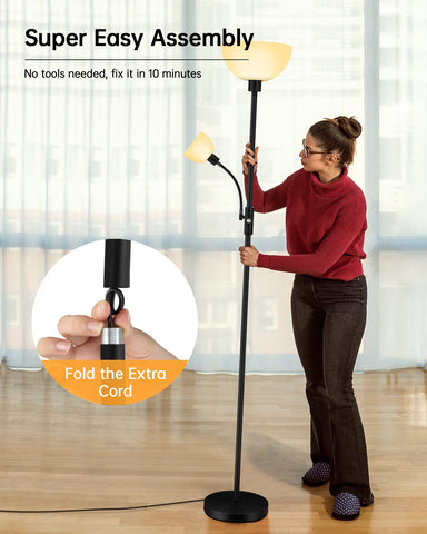 BoostArea floor lamp with white shade contrasts the black pole for modern style.