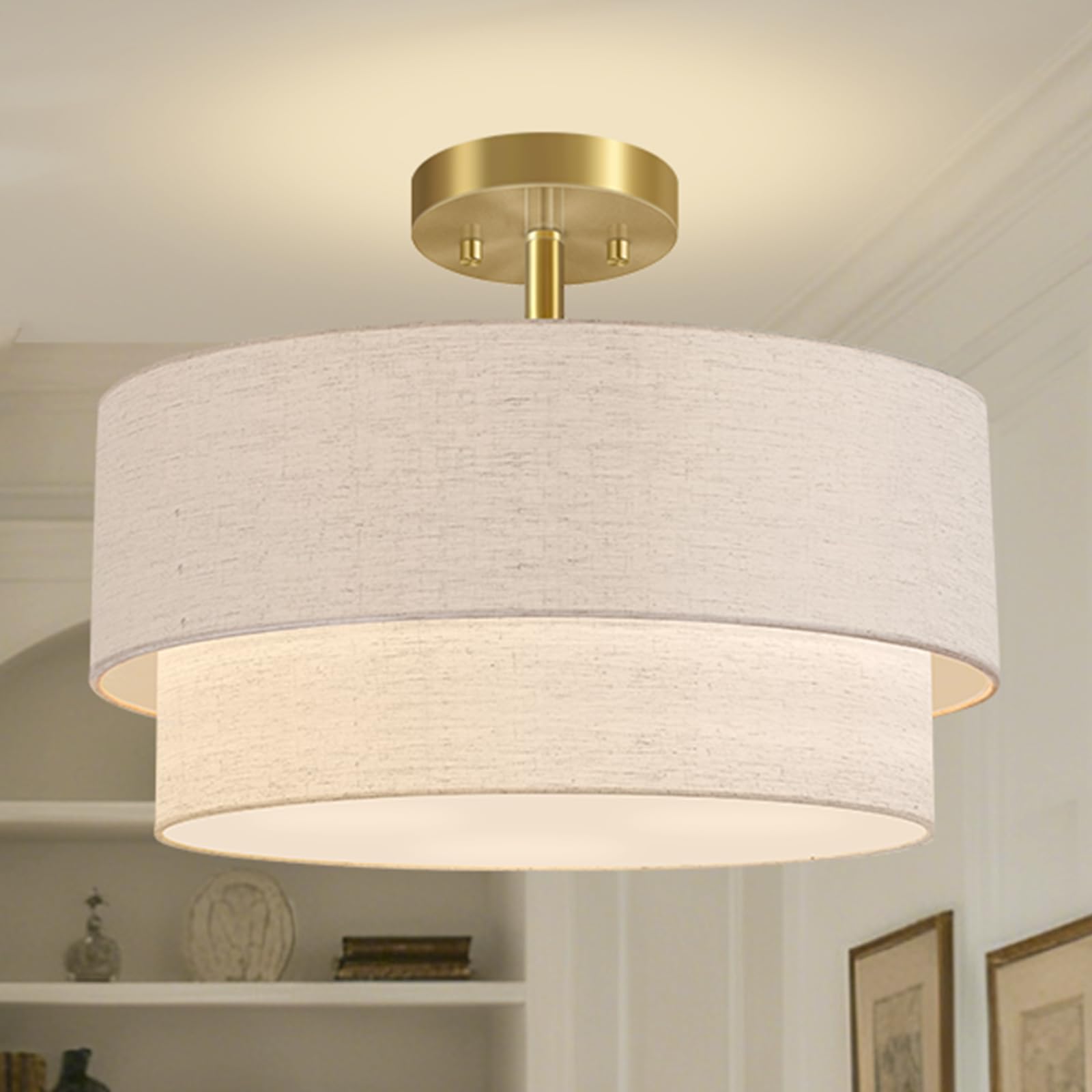 BoostArea semi-flush mount light with gold finish and linen shade for warm living spaces.