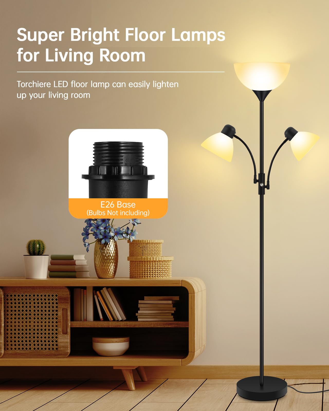 BoostArea torchiere lamp with two flexible reading lights provides focused task illumination.