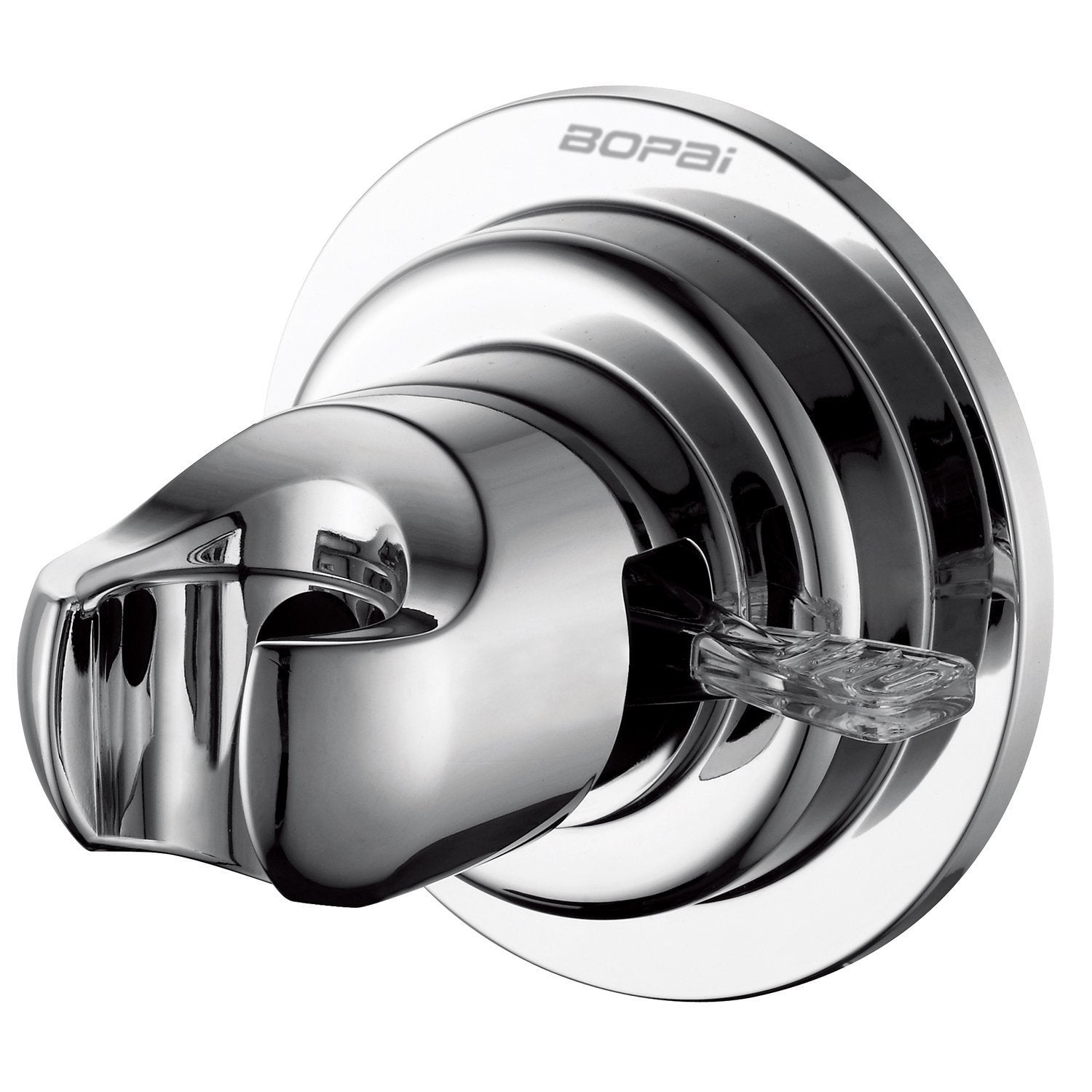 BOPai suction cup shower head holder on chrome finish grips glass or tile securely.