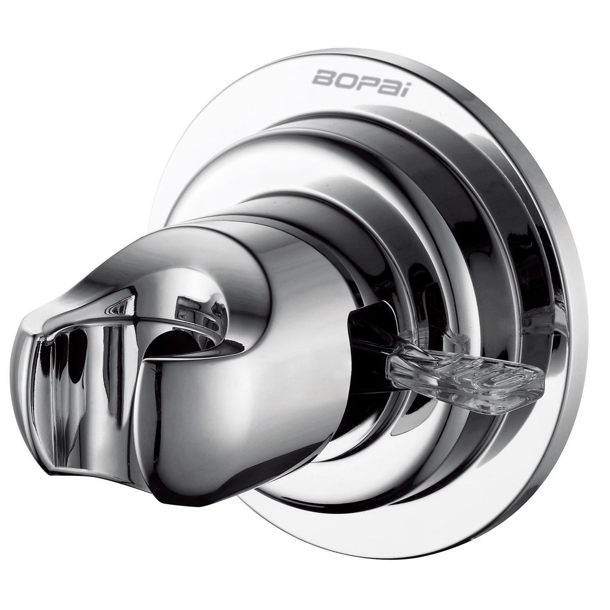 BOPai suction cup shower head holder on chrome finish grips glass or tile securely.