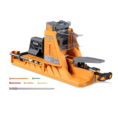 BORA AutoJig on bench setup for quick pocket hole drilling