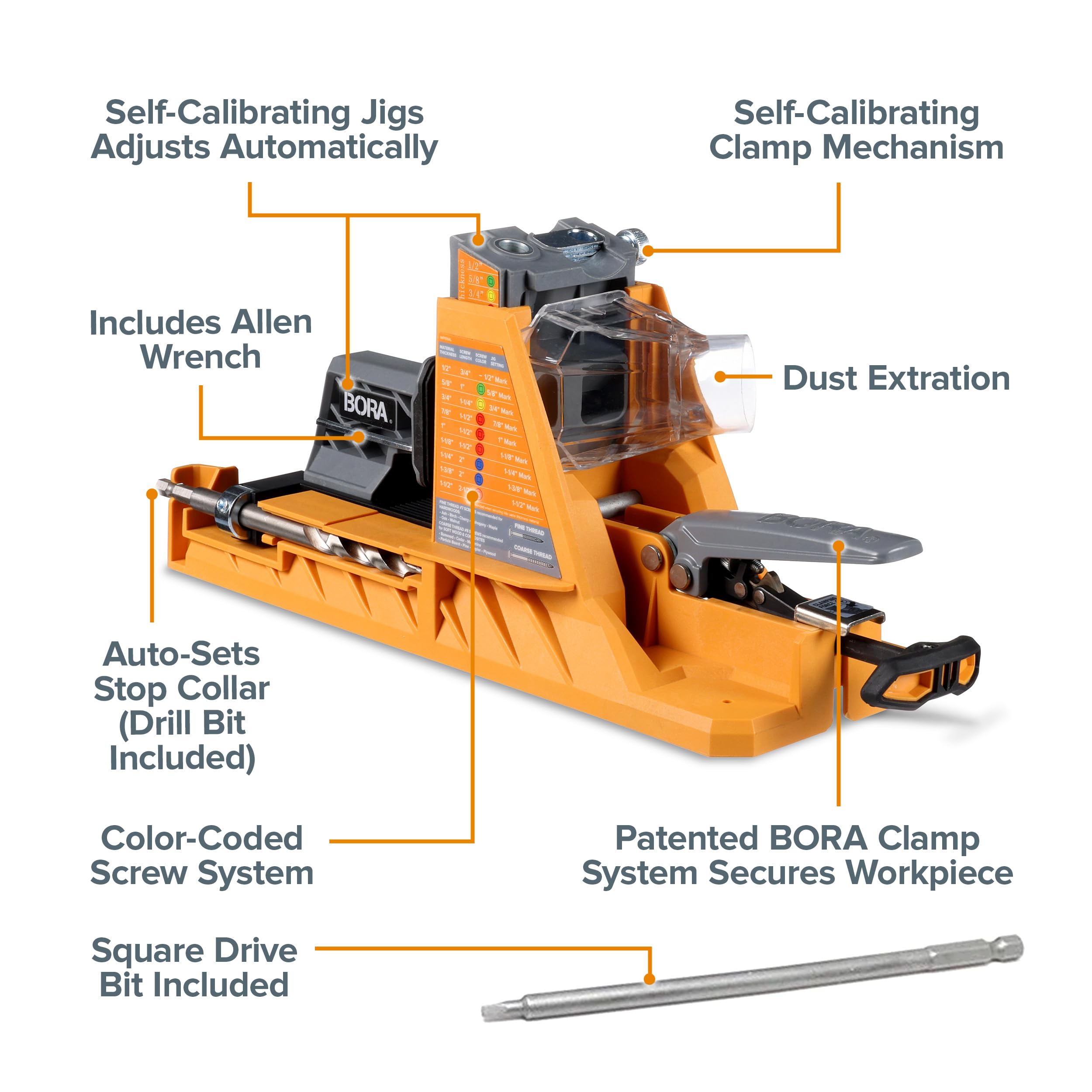 BORA AutoJig self-calibrating action showing automatic thickness adjustment